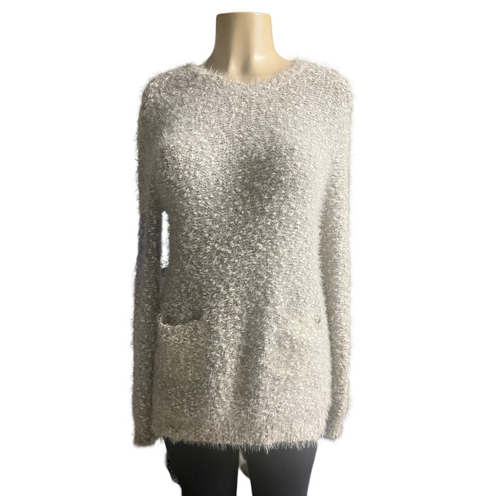 Katsumi Anthropologie Fuzzy Long Pullover Sweater Pockets Gray & Cream‎ Medium